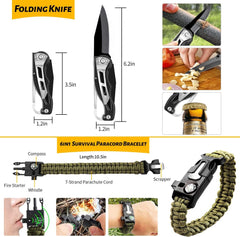 Emergency Survival Gear Kits 60 In 1, Outdoor Survival Tool With Emergency Bracelet Whistle Flashlight Pliers Pen Wire Saw For Camping, Hiking, Climbing