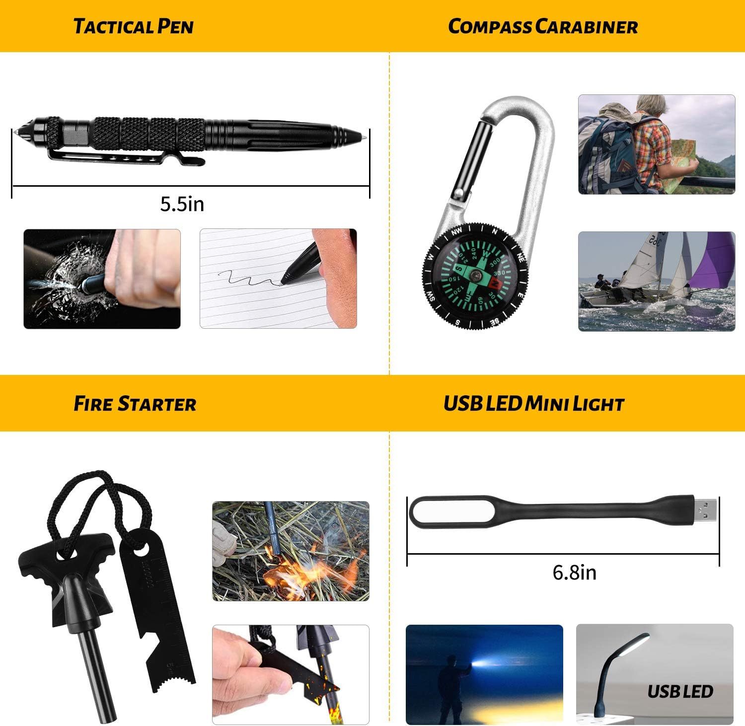 Emergency Survival Gear Kits 60 In 1, Outdoor Survival Tool With Emergency Bracelet Whistle Flashlight Pliers Pen Wire Saw For Camping, Hiking, Climbing