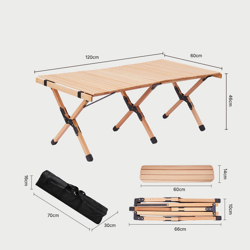 Outdoor Solid Wood Beech Egg Roll Table Camping Folding Table