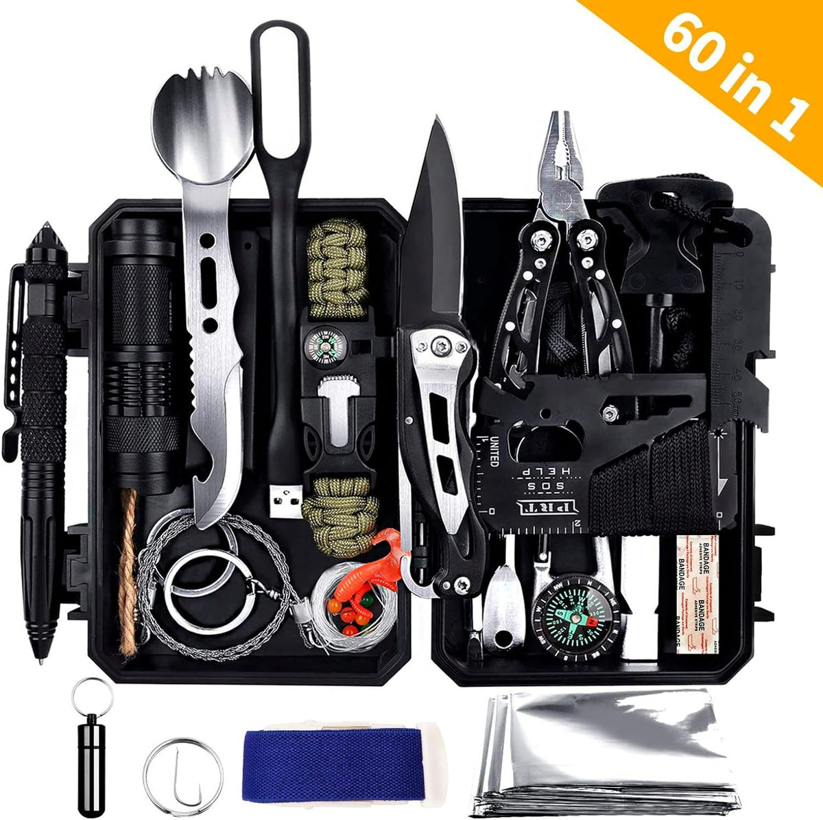 Emergency Survival Gear Kits 60 In 1, Outdoor Survival Tool With Emergency Bracelet Whistle Flashlight Pliers Pen Wire Saw For Camping, Hiking, Climbing