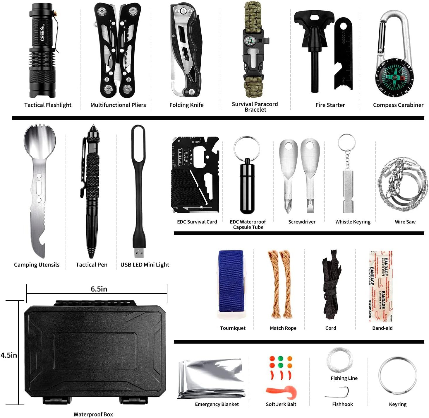 Emergency Survival Gear Kits 60 In 1, Outdoor Survival Tool With Emergency Bracelet Whistle Flashlight Pliers Pen Wire Saw For Camping, Hiking, Climbing